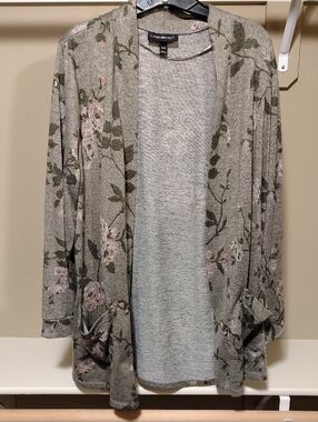 Lane Bryant Olive Green Floral Open-Front Cardigan with Pink Accents